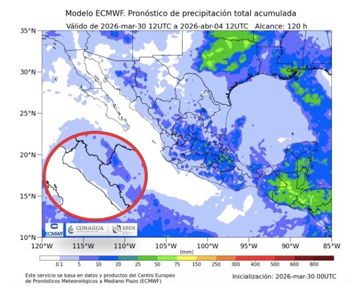 Imagen satelital de México que representa lluvias con colores verdes y azules que indica pronóstico bajo de precipitaciones