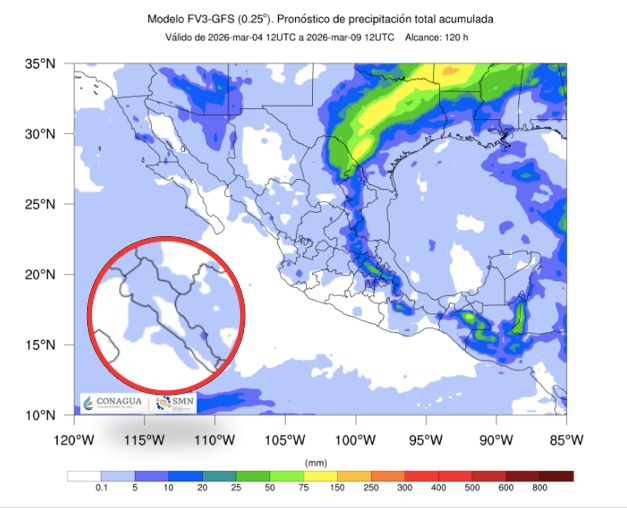 Imagen satelital de México que representa lluvias con colores verdes y azules que indica pronóstico de precipitaciones