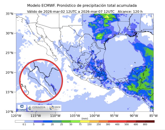 Imagen satelital de México que representa lluvias con colores verdes y azules que indica pronóstico de precipitaciones
