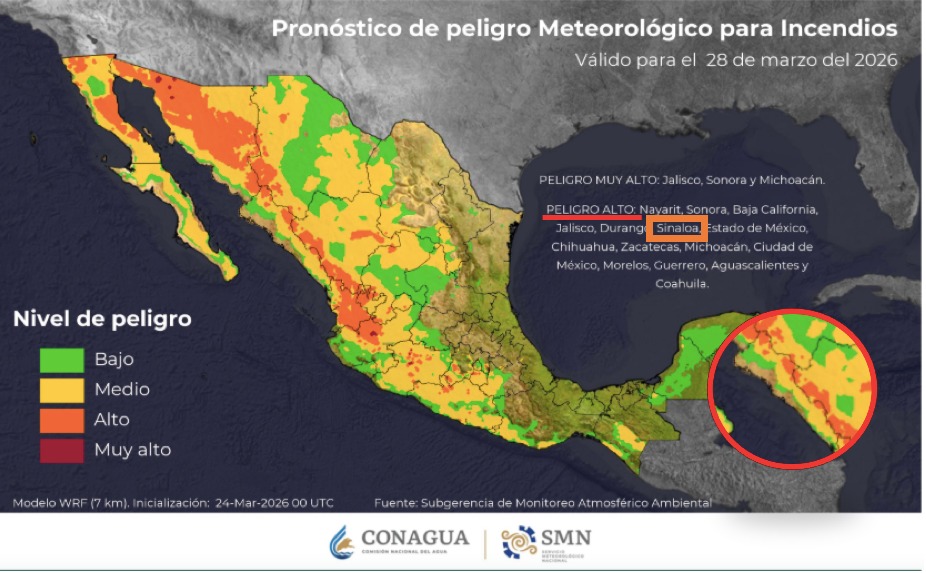 Mapa de México con colores indicando el Pronóstico de peligro meteorológico para incendios con colores verde, naranja y amarillo