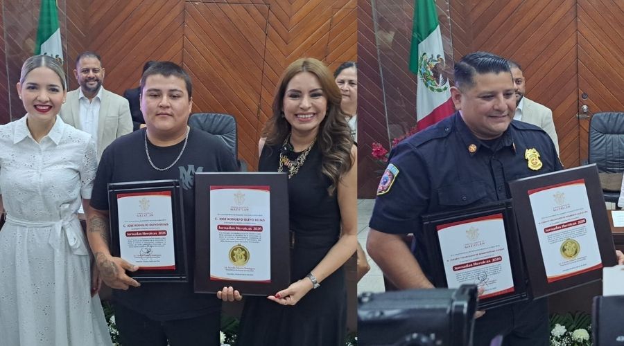 Joven José Rodolfo Olivo Rojas junto a alcaldesa de Mazatlán y titular de bomberos