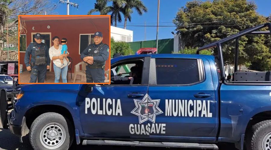 En grande unidad de policía municipal de Guasave y en recuadro elementos de seguridad junto a una familia posando para la foto