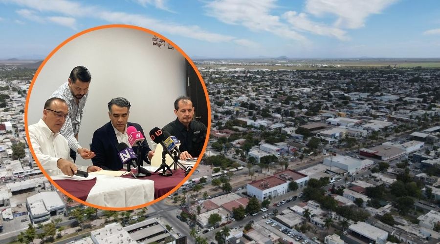 Foto panoramica de Los Mochis y en un círculo unas personas sentadas revisando documentos
