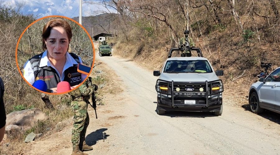 En grande elementos de seguridad custodiando campamento y en circulo Laura Velásquez Alzúa