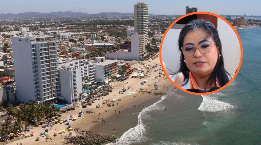 Francis Cázares Oliveros en un circulo junto con edificios de Mazatlán