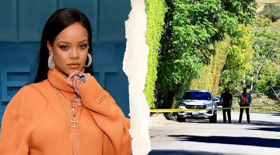 La cantante y empresaria, Rihanna y en la segunda foto, unas personas en una calle junto a un Tesla blanco en una cinta amarilla de precaución en una calle