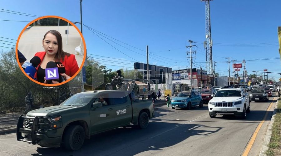 Carros y una unidad del Ejército Mexicano en una calle y en un círculo la fiscal Zulema Kondo