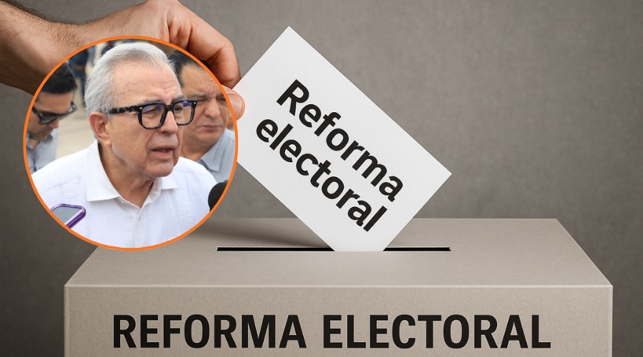 En grande mano de persona depositando hoja dentro de una urna con la leyenda de reforma electoral, en circulo Rocha Moya