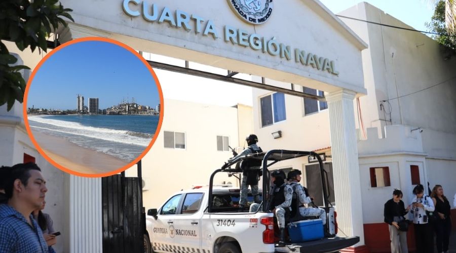 Entrada de la Cuarta Región Naval junto a un circulo con la playa de Mazatlán