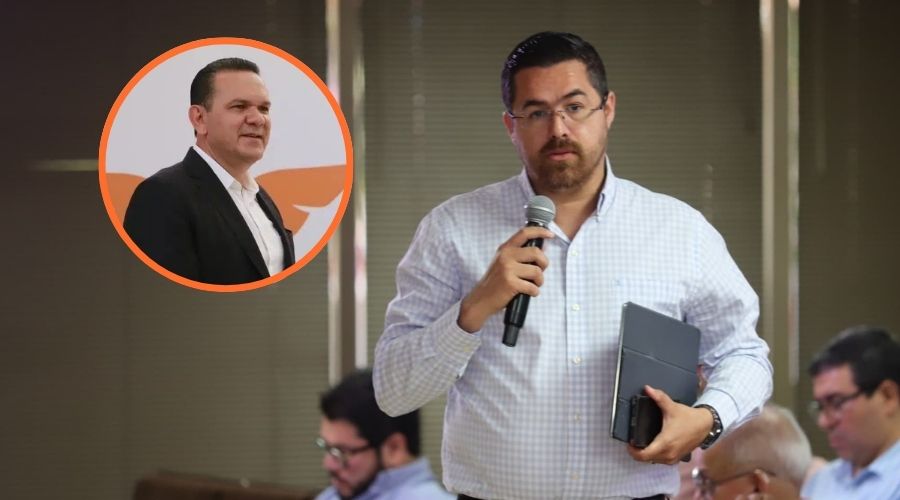 Cuitláhuac González Galindo en conferencia semanera junto a un circulo con Sergio Torres