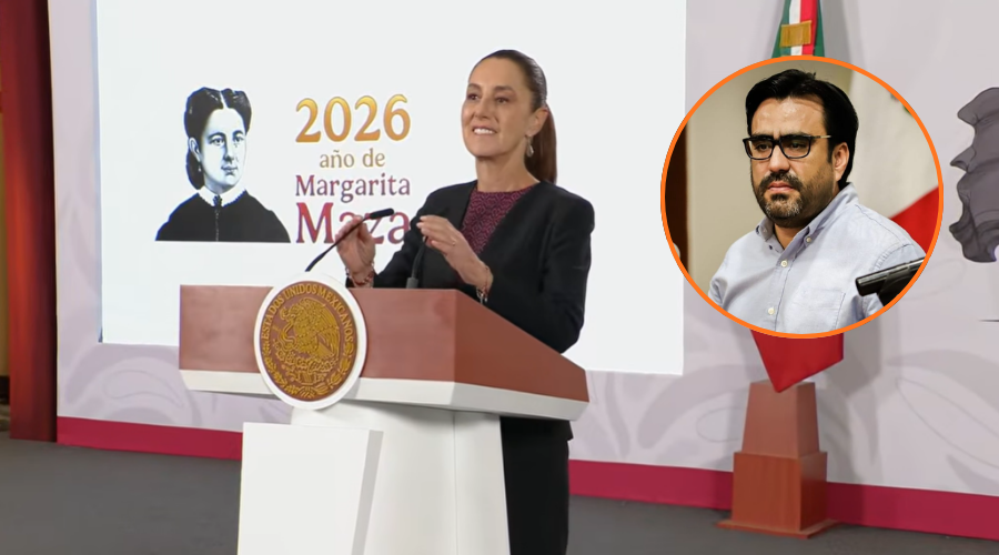 En grande Claudia Sheinbaum durante mañanera y en circulo Juan de Dios Gamez