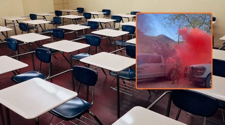 En grande un aula vacía y en recuadro elementos de la marina rodeados de humo rojo