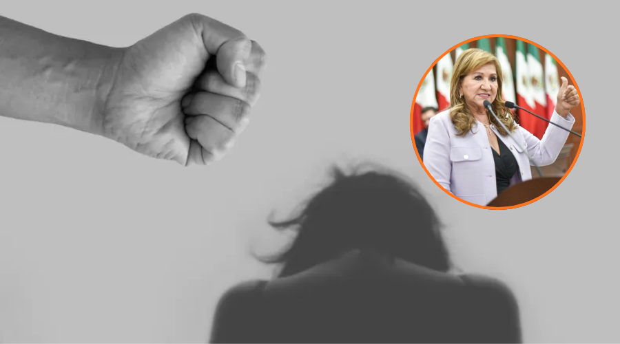En grande puño cerrado de una persona y una mujer de espaldas agachada, en circulo tere guerra