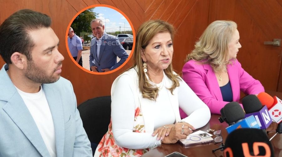 Tere Guerra en conferencia de prensa con micr´fono de Línea Directa junto a dos personas
