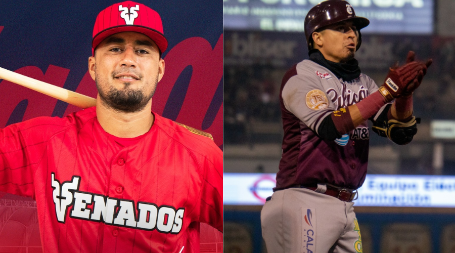 Dos jugadores de beisbol, el de la izquierda con el bate inclinado hacia su espalda posando para la foto y el de la derecha aplaudiendo