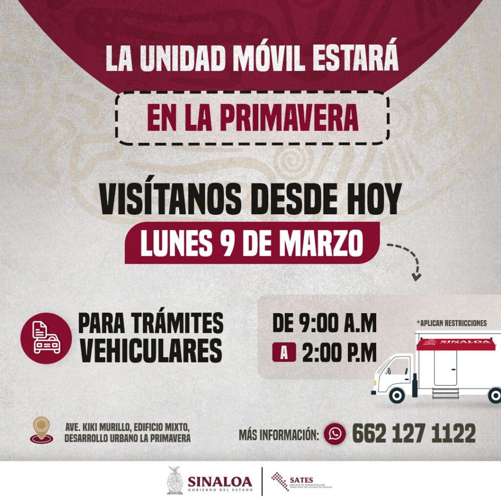 Anuncio de unidad móvil para trámites vehiculares en La Primavera, Culiacán
