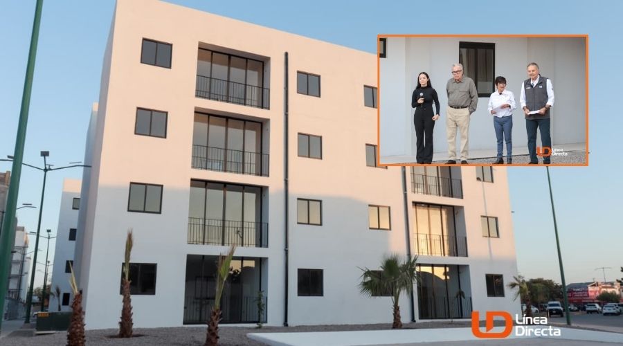 Edifico de departamentos de Viviendas del Bienestar y en un recuadro tres personas junto a Rubén Rocha Moya, gobernador de Sinaloa
