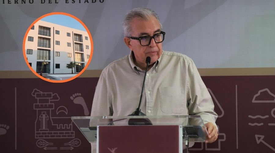Gobernador de Sinaloa junto a un circulo con casas del bienestar