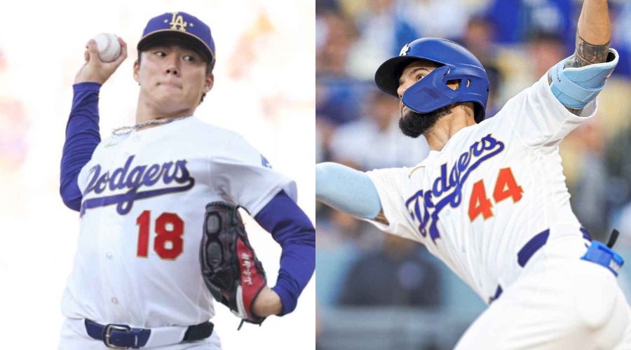 Yoshinobu Yamamoto y Andy Pages, jugadores de Dodgers de Los Angeles