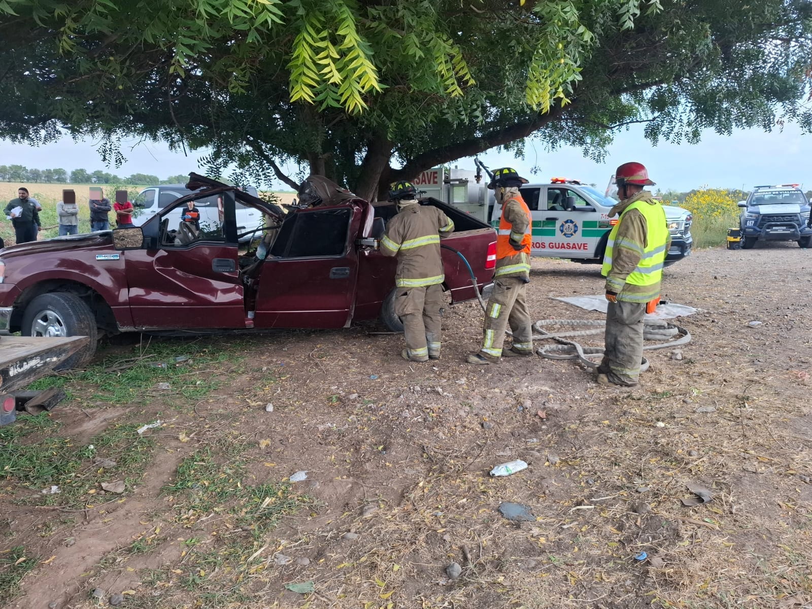Camioneta de color guinda o rojo tinto presada con un árbol y elementos de cuerpos de emergencia en el lugar, al fondo hay más personas (testigos) observando