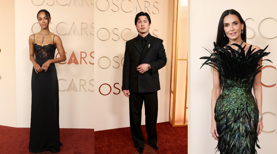 Demi Moore, Zoe Saldaña y Hudson Williams posan en la alfombra roja de los premios Oscar 2026.