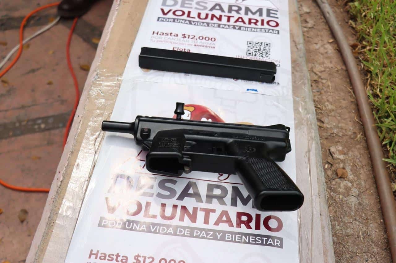 foto de arma sobre carteles de desarme voluntario