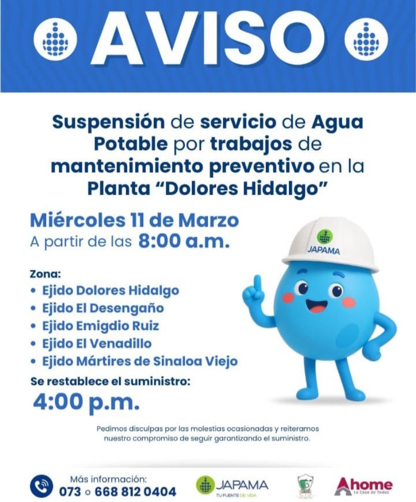 Flyer de aviso de suspensión del servicio de agua potable en colores azul y blanco