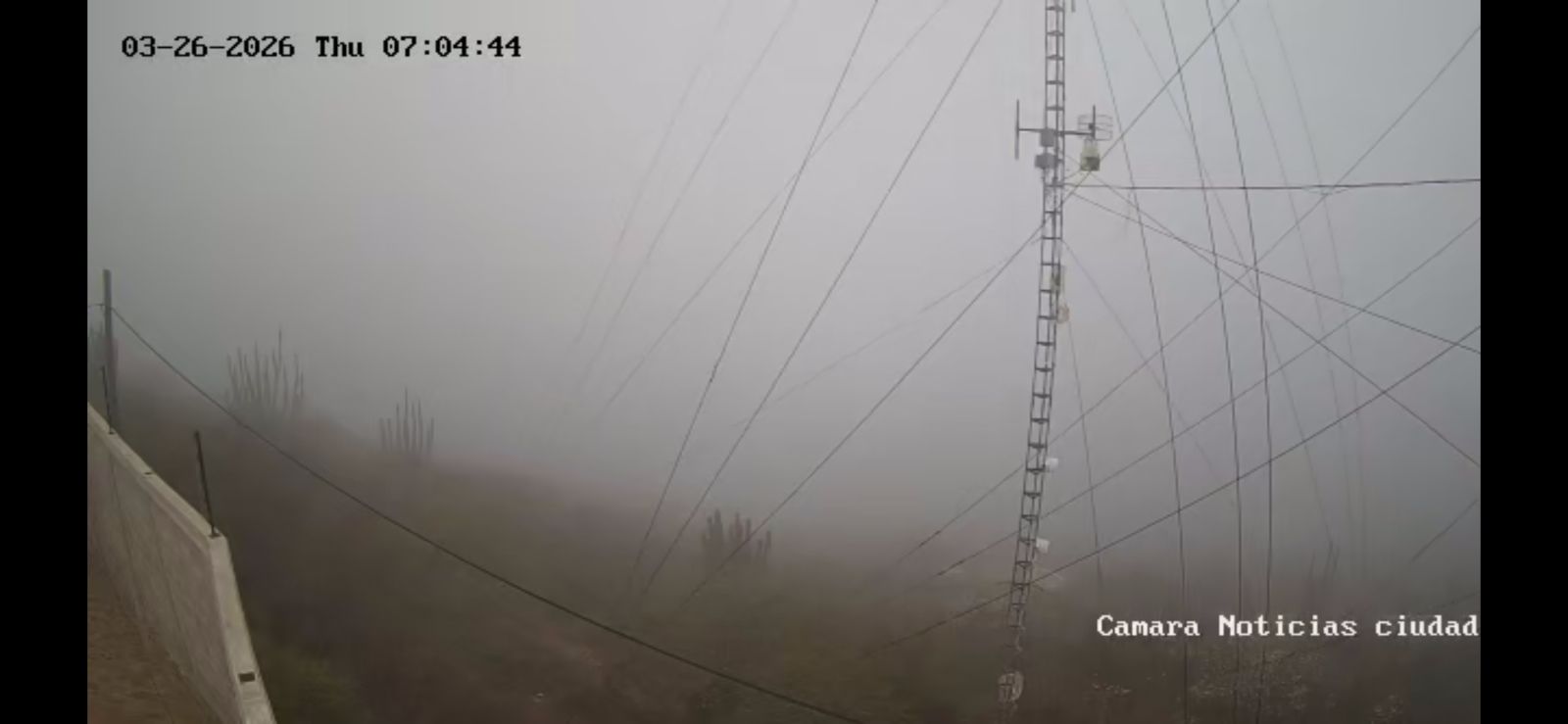 Grabación de cámara de seguridad de una ciudad cin densos bancos de niebla