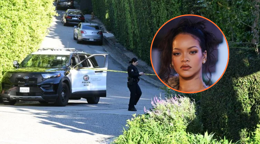 Autoridades en el lugar de los hechos donde ocurrió el ataque en la mansión la cantante con círculo de cara de Rihanna