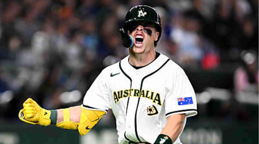 Jugador de beisbol festejando en juego de Australia contra China Taipei en el Clásico Mundial 2026