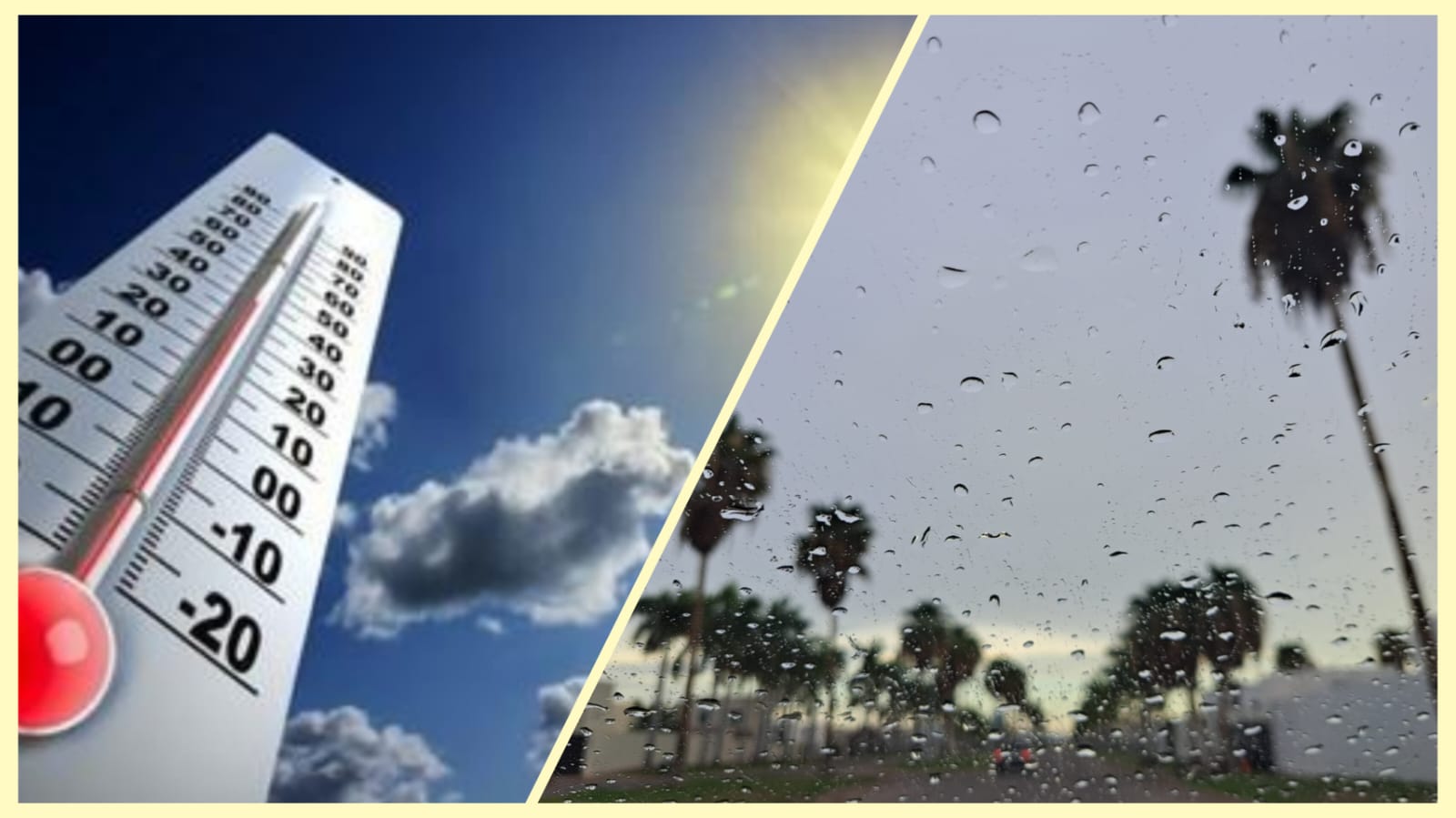 termómetro con cielo azul de fondo, gotas de lluvia enfocadas sobre cristal con palmeras y cielo nublado de fondo