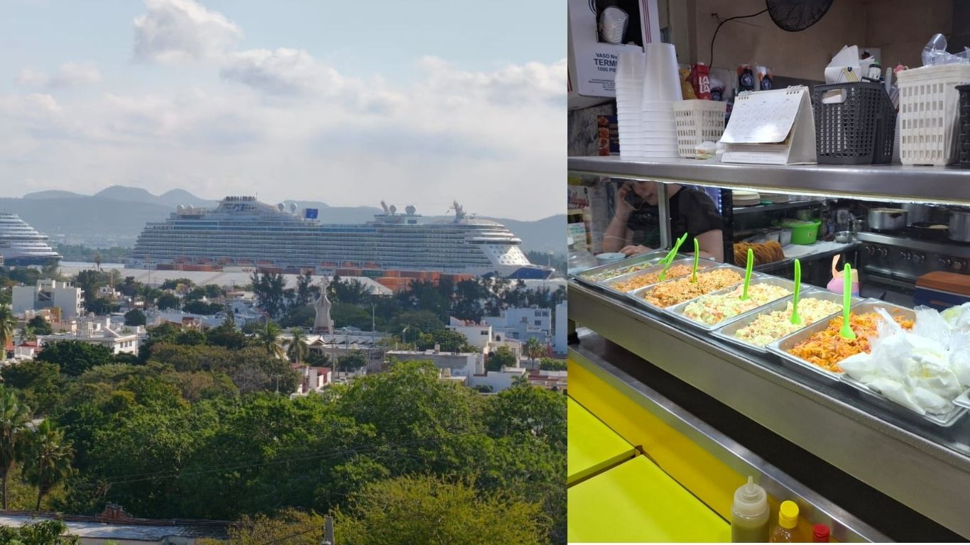 árboles verdes, edificios y cruceros lejos, mostrador con comida expuesta