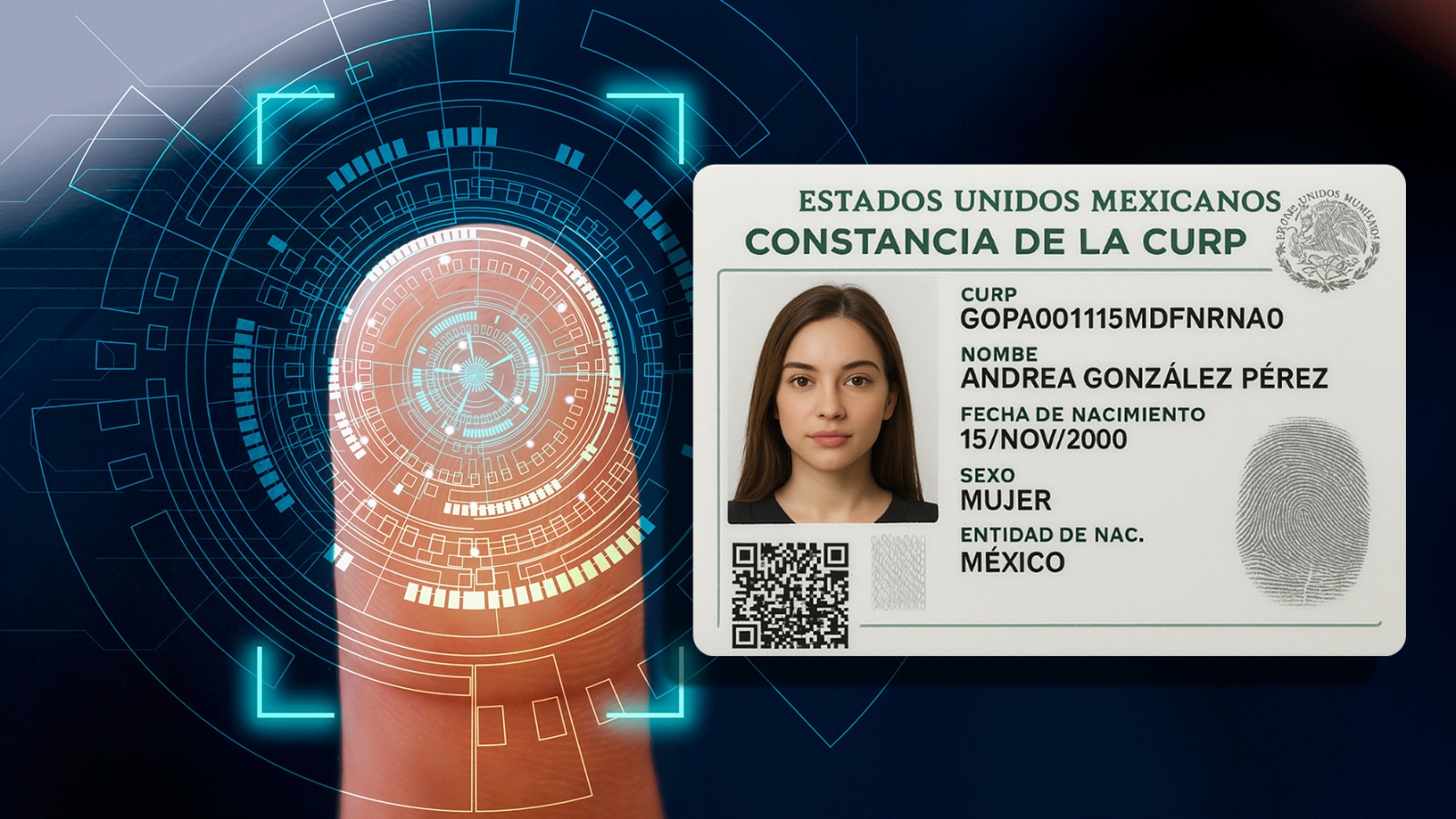 Credencial de CURP biométrica y un dedo en un registro de huella dactilar