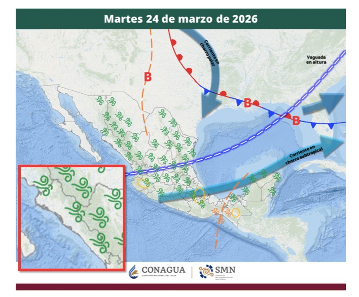 Imagen salital del México con flechas y líneas indicando la probabilidad de tormentas en el país