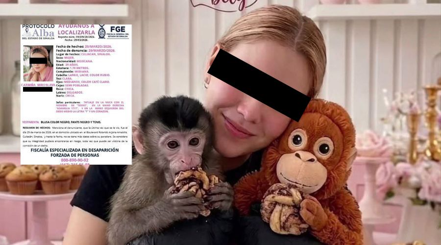 Mujer con dos peluches y en un cuadro una ficha de búsqueda