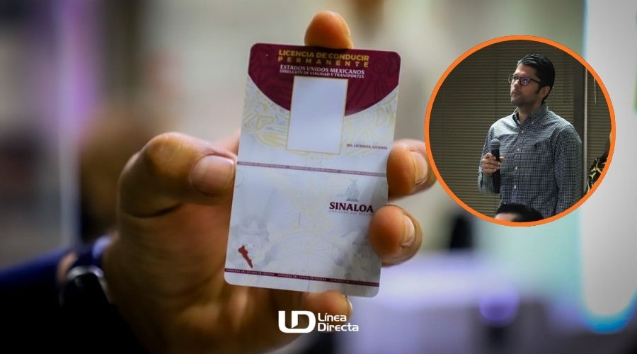 Mano sosteniendo una credencial de licencia para conducir y en un círculo, José Carlos Cárdenas Mellado
