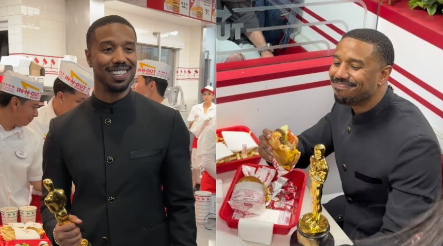 Michael B. Jordan celebra su victoria en los Oscar comiendo una tradicional hamburguesa con estatuilla en mano