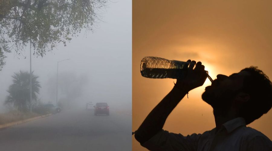 Banco de niebla en una calle y una persona tomando agua con el sol en el fondo