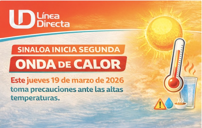 Imagen con información de la onda de calor en Sinaloa con ilustraiones del sol y de termómetro