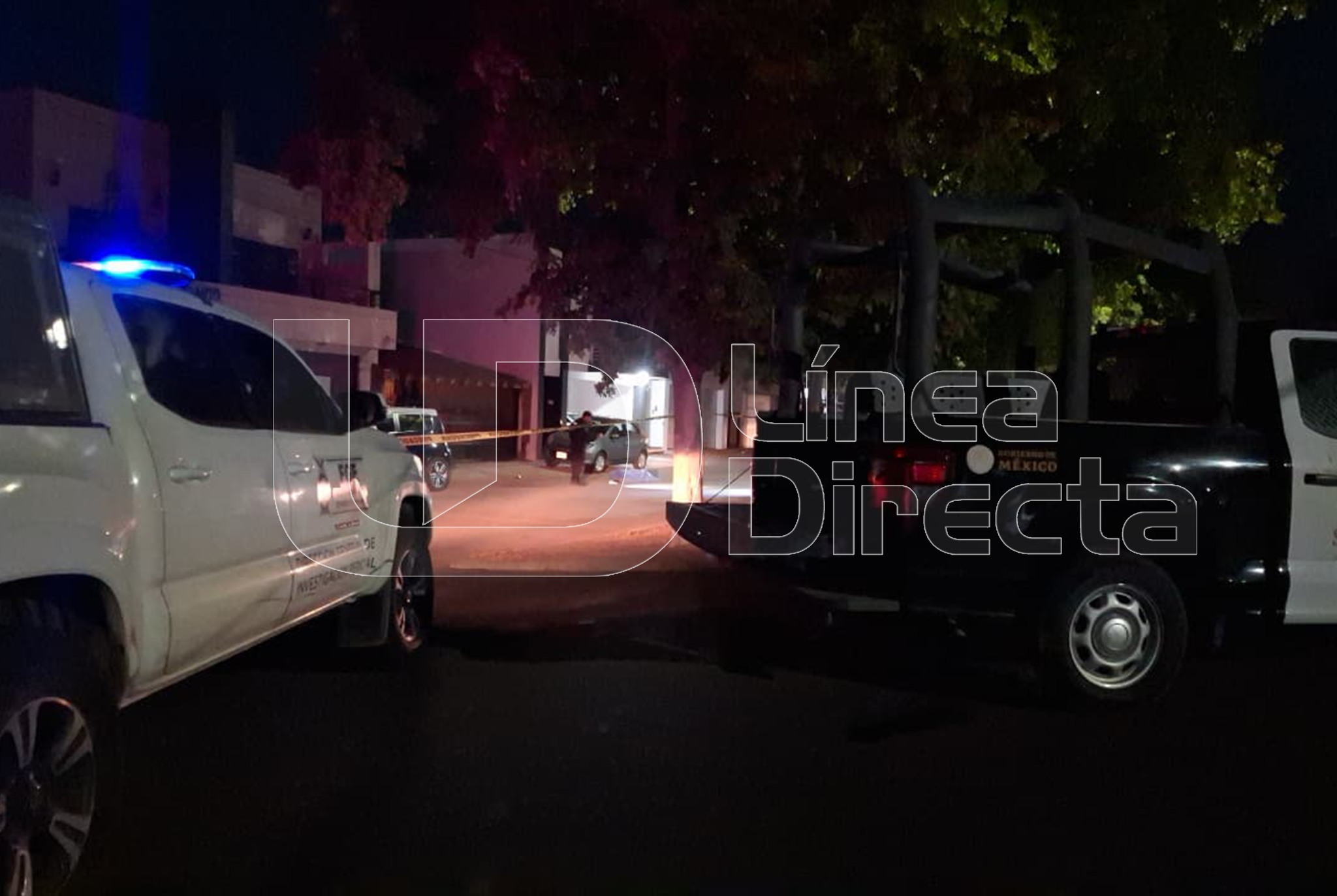 Unidades policiacas en una calle, de noche