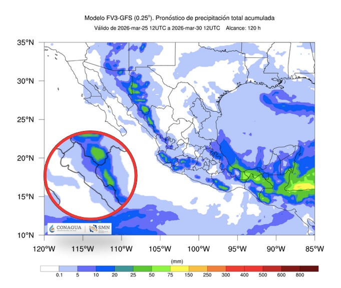 Imagen satelital de México que representa lluvias con colores verdes y azules que indica pronóstico de precipitaciones