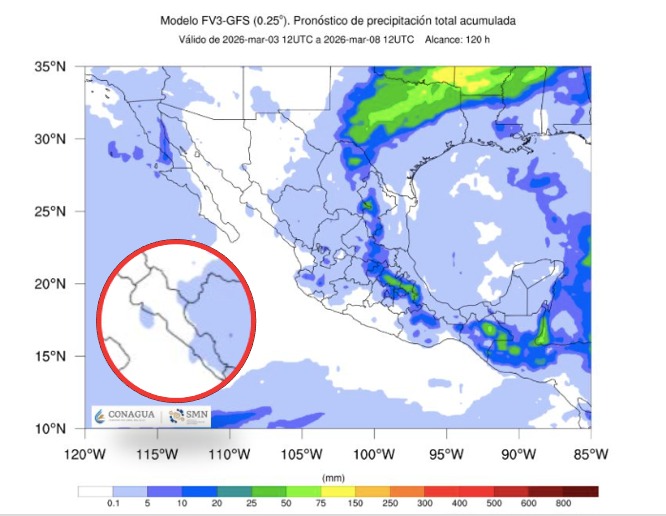Imagen satelital de México que representa lluvias con colores verdes y azules que indica pronóstico de precipitaciones