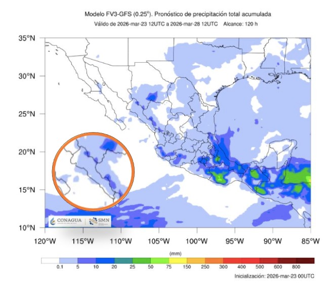 Imagen salital del México con colores azul y verde indicando pronóstico de precipitaciones