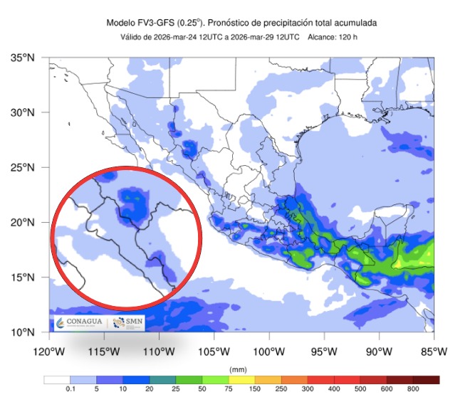 Imagen satelital de México que representa lluvias con colores verdes y azules que indica pronóstico de precipitaciones