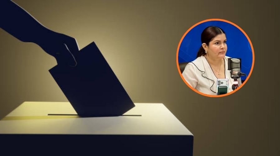 Mano de una persona metiendo un voto a una urna y en un círculo Merary Villegas