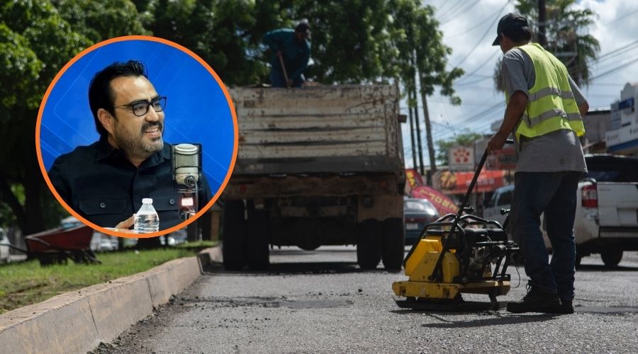 En un círculo el alcalde de Culiacán Juan De Dios Gámez y de fondo una imagen de una persona realizando mantenimiento a una calle ()