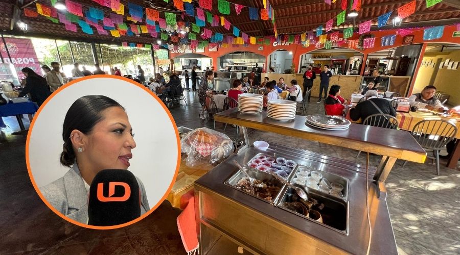 Restaurante de fondo y en un círculo una persona hablando viendo hacia un lado con un micrófono frente a ella