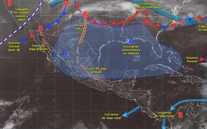 Imagen satelital de México indicando los sistemas meteorológicos activos en México con flechas y líneas