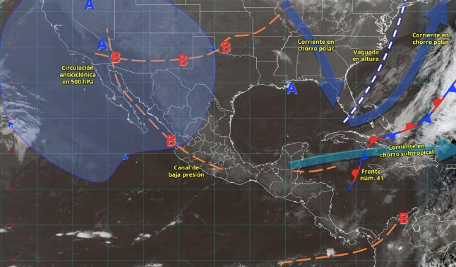 Mapa de México con flechas indicando y líneas indicando los sistemas metereológicos activos en el país