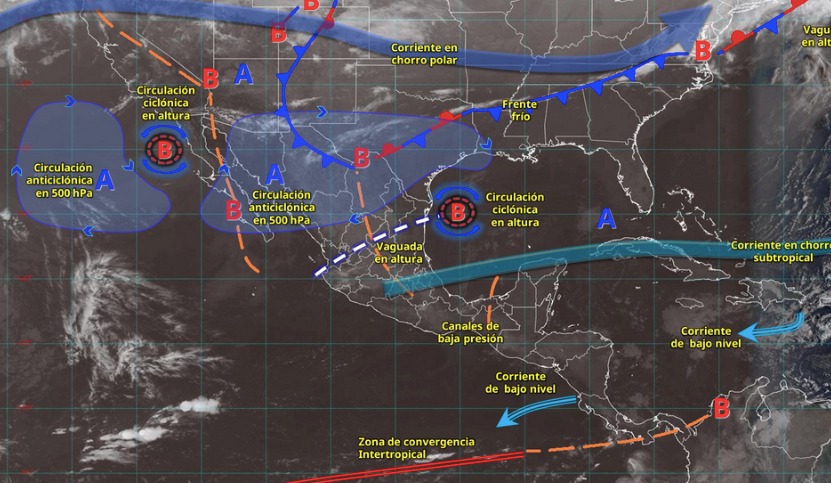 Imagen satelital de México con flechas, líneas y capas de color indicando los sistemas metereológicos activos